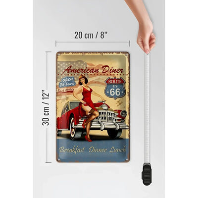 Blechschild retro 20x30cm mit pinup frau in rotem kleid, amerikanischem diner motiv und route 66 schild