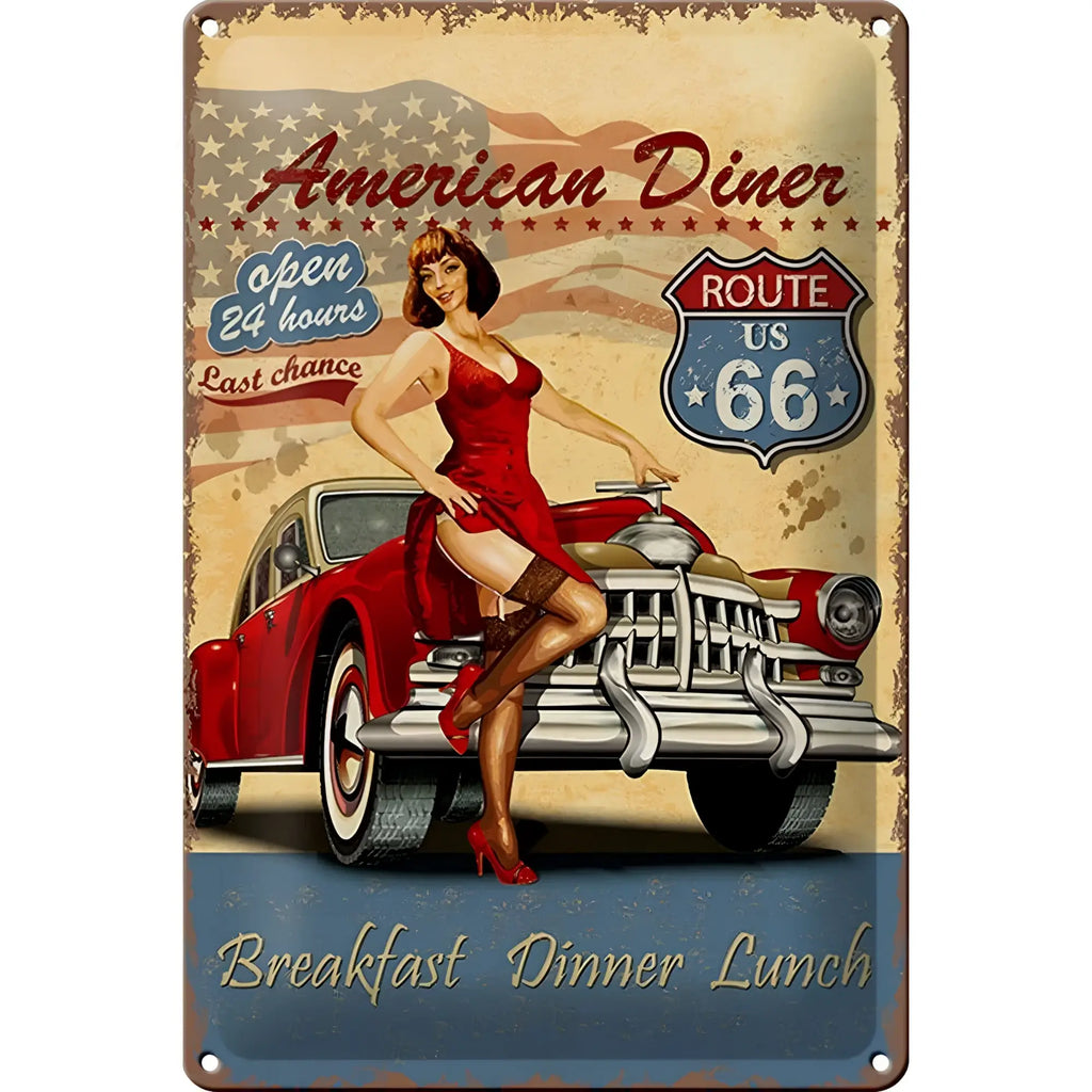 Blechschild retro 20x30cm mit pinup-frau in rotem kleid und rotem silbernem auto american diner breakfast design