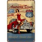 Blechschild retro 20x30cm mit pinup-frau in rotem kleid und rotem silbernem auto american diner breakfast design