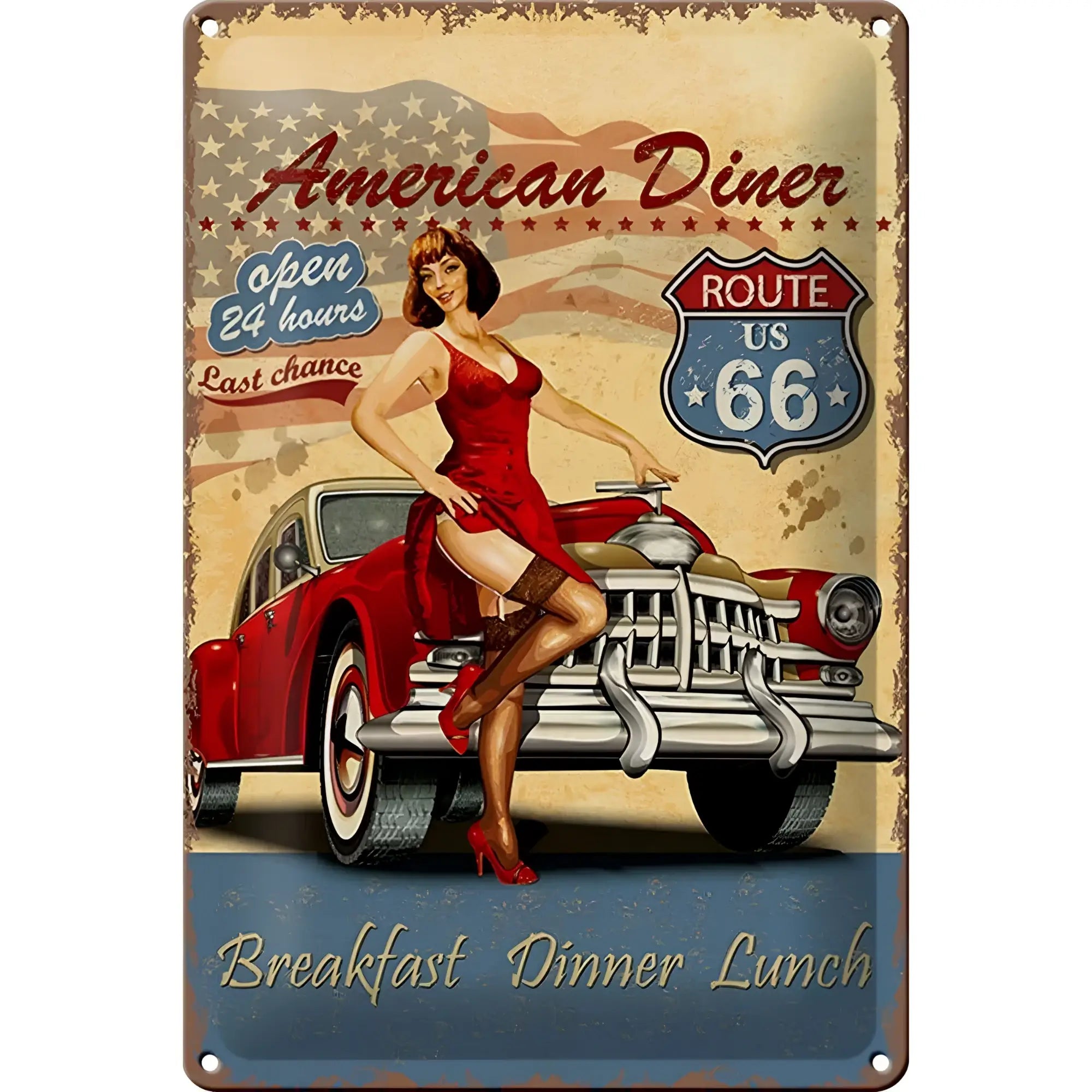 Blechschild retro 20x30cm mit pinup-frau in rotem kleid und rotem silbernem auto american diner breakfast design
