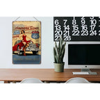 Blechschild retro 20x30cm aus metall mit pinup frau im roten kleid neben klassischem rotem auto amerikanischer diner und route 66 text
