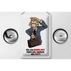 Weißes rechteckiges blechschild mit cartoon gestresstem businessmann und spruch für burnout fehlt mir die zeit