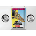 Rechteckiges blechschild 20x30cm mit cartoon mann sägt holz und pink schwarzer heimwerker spruch auf deutsch