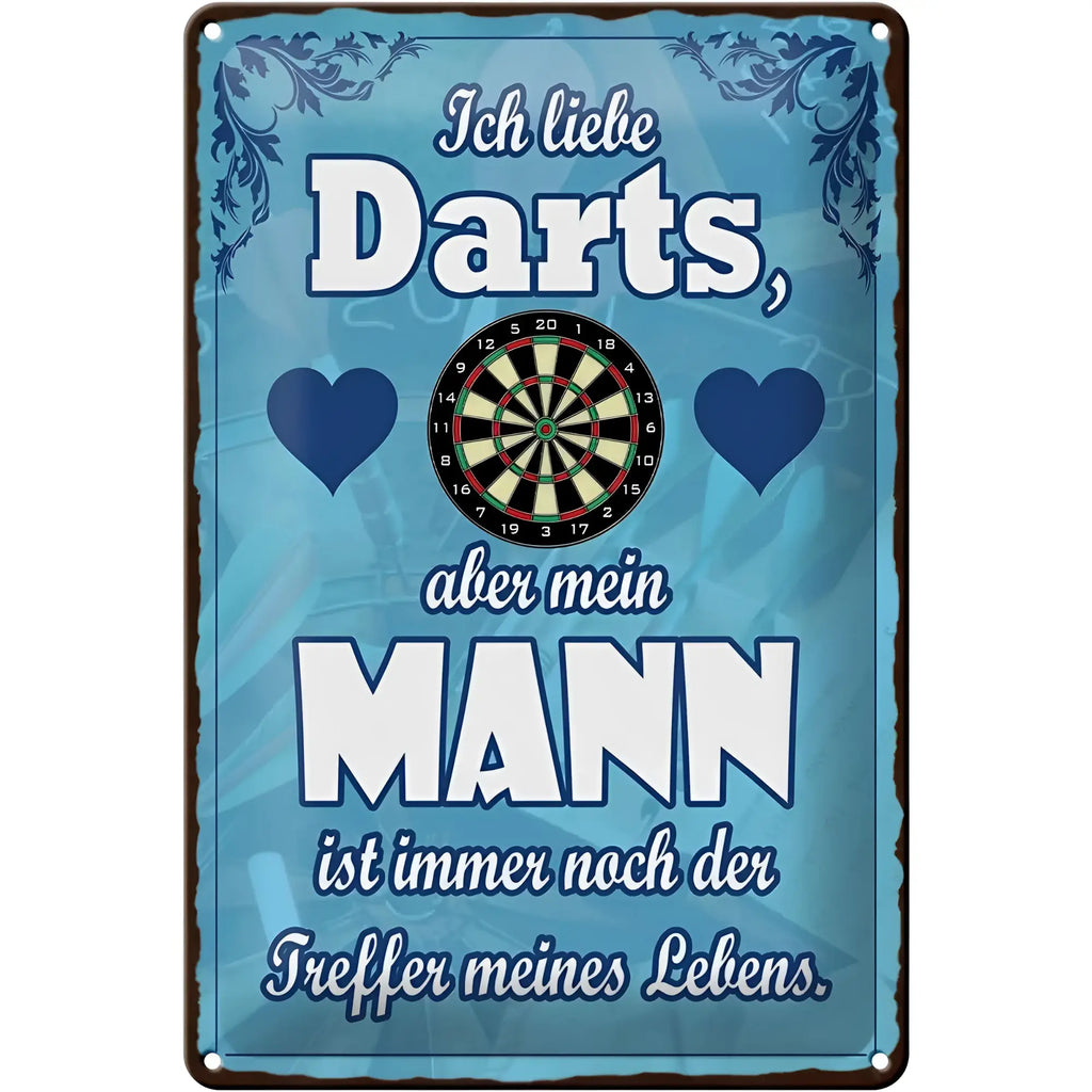 Blaues vintage blechschild 20x30cm mit dartboard und spruch ich liebe darts aber mein mann