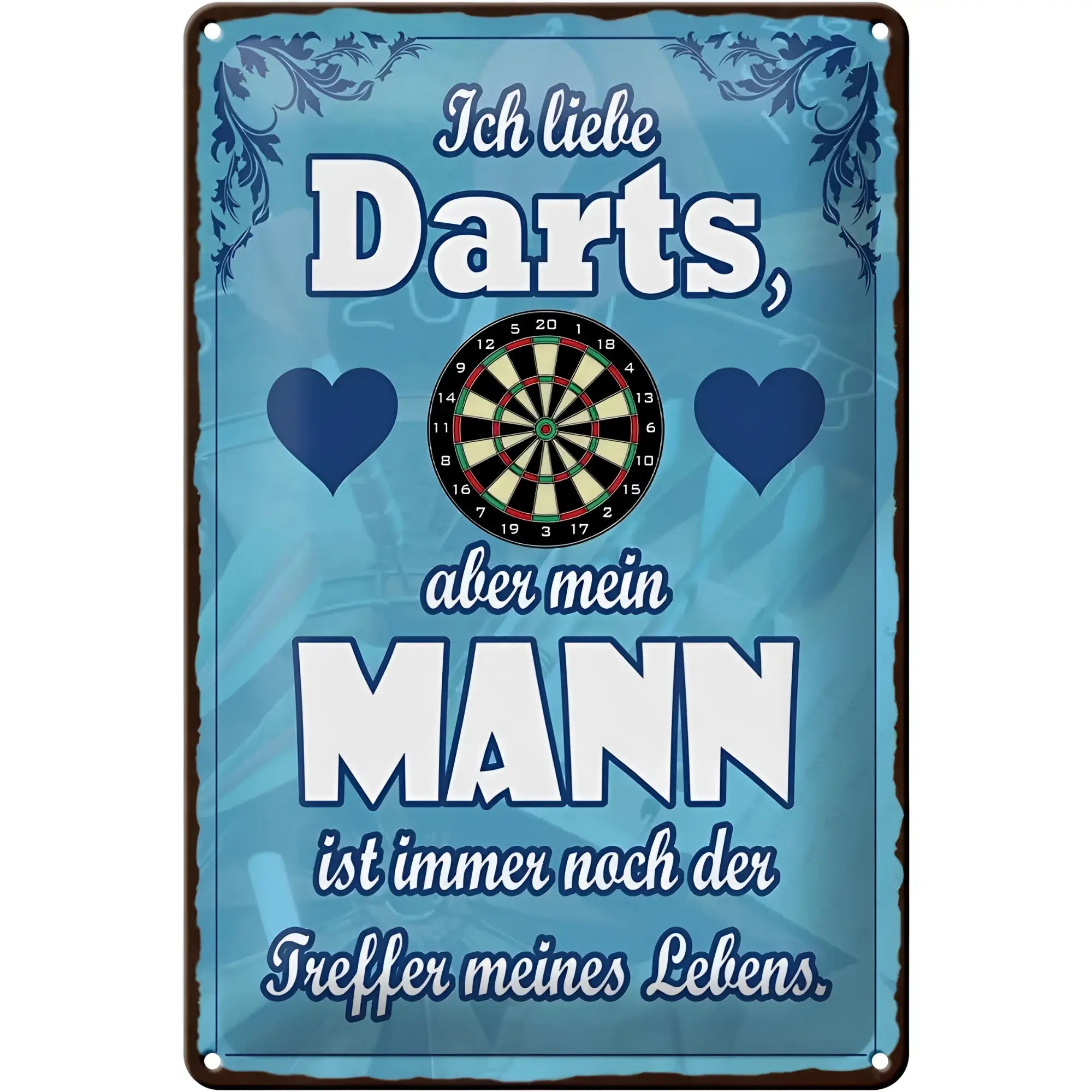 Blaues vintage blechschild 20x30cm mit dartboard und spruch ich liebe darts aber mein mann