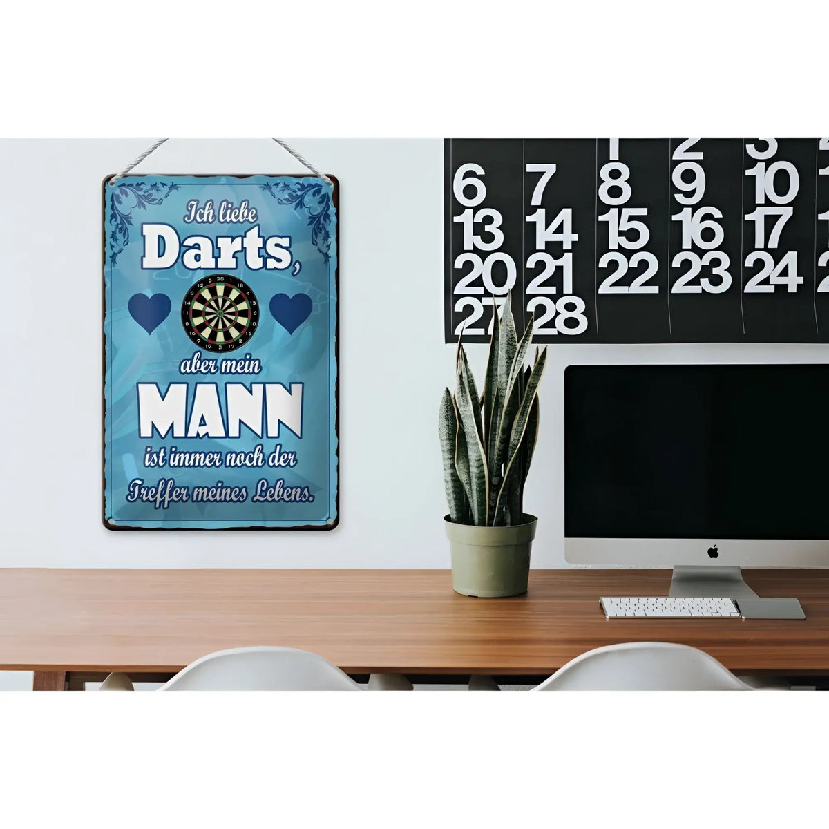 Blaues metall blechschild 20x30cm mit dartscheibe und spruch ich liebe darts aber mein mann