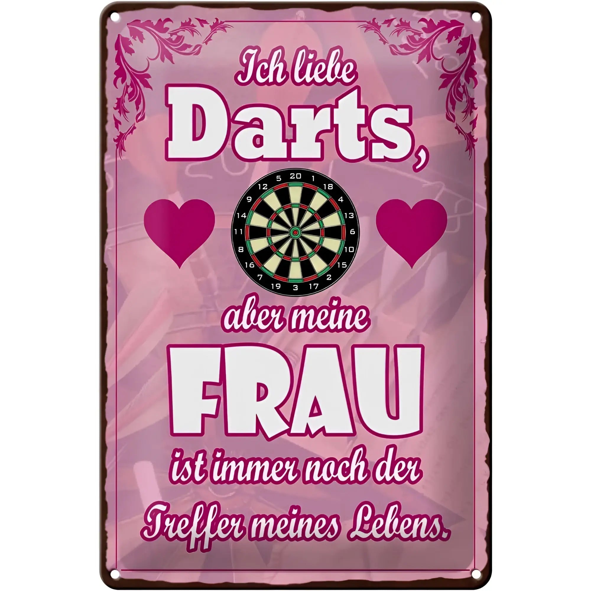 Pinkes blechschild 20x30 cm mit dartscheibe und spruch ich liebe darts aber meine frau