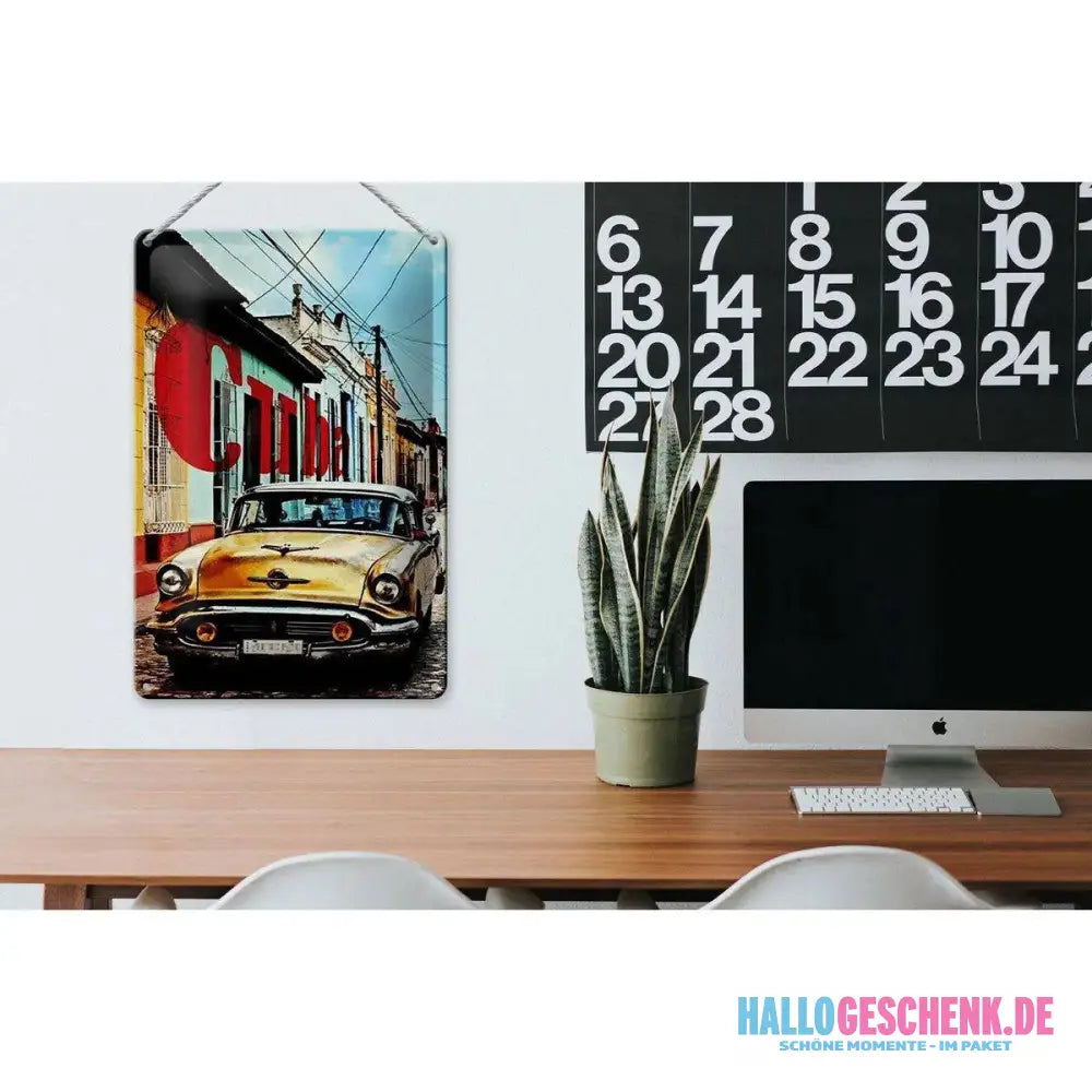 Blechschild Spruch 20x30cm Kuba Cuba altes gelbes Auto Oldtimer in Gasse bunt