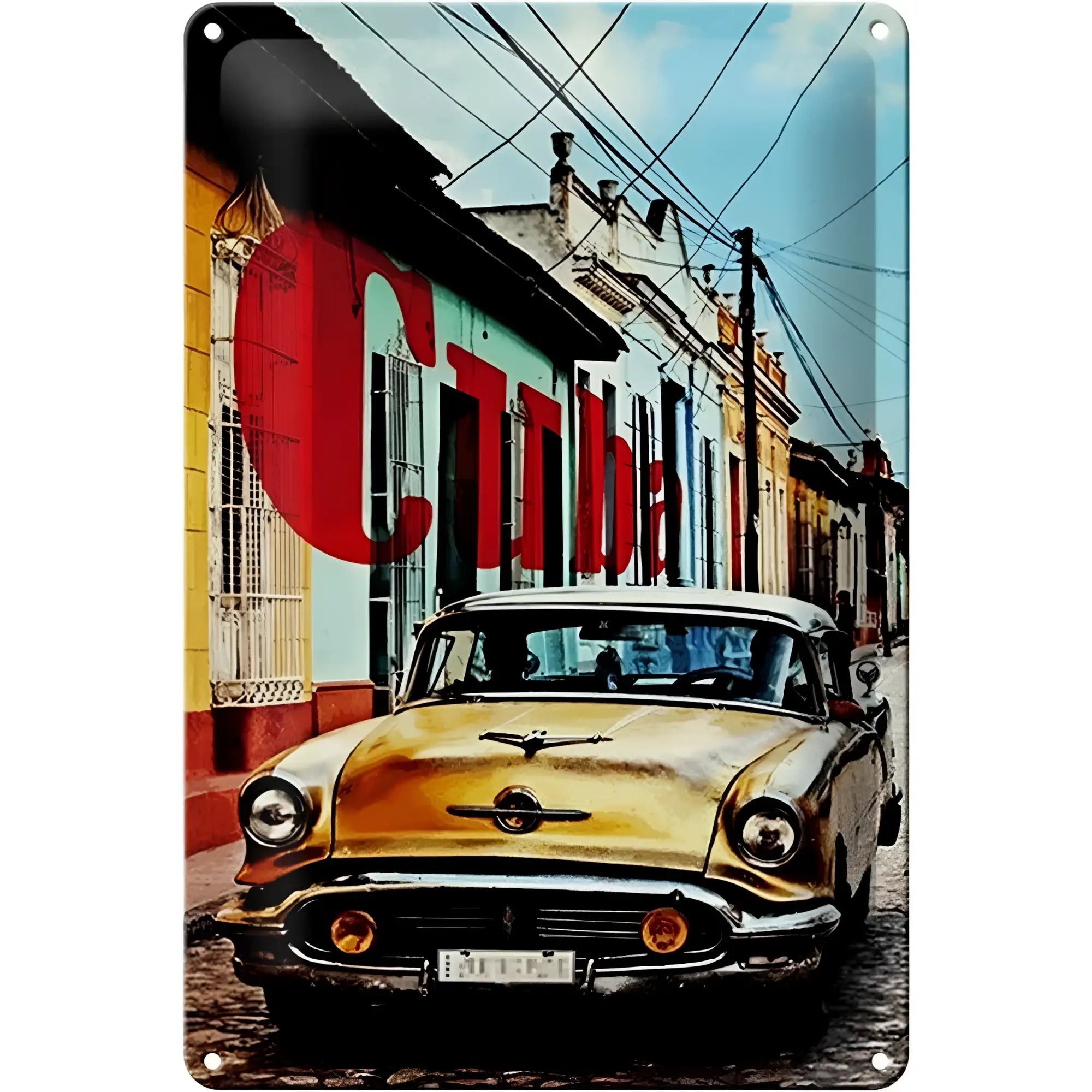 Vintage gelbes blechschild 20x30cm mit altem amerikanischem auto vorm bunten kuba haus und cuba lettering