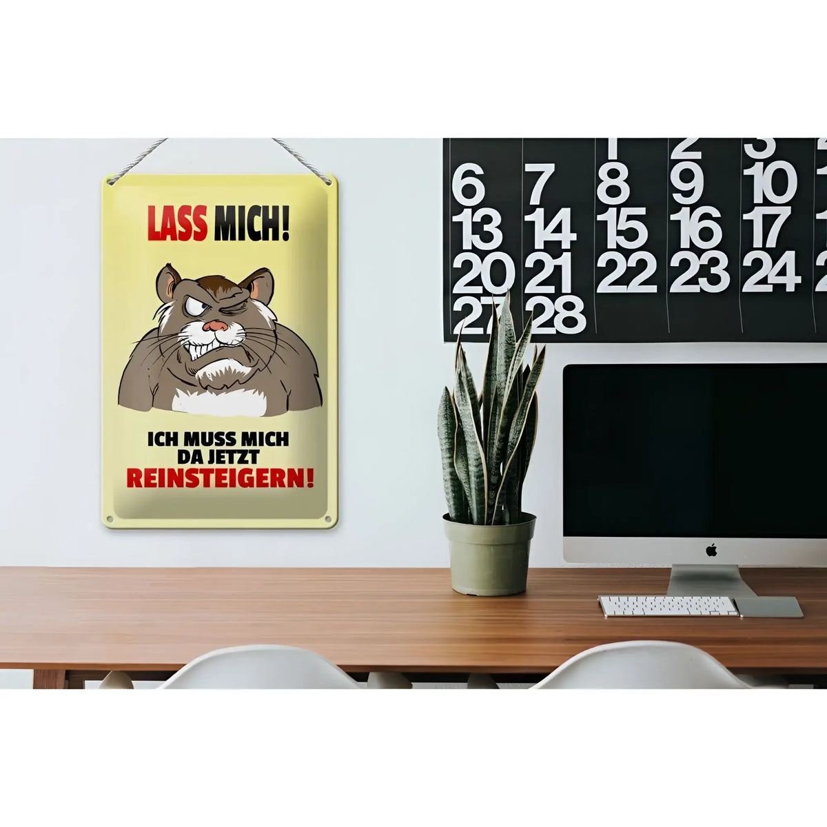 Gelbes blechschild 20x30cm mit cartoon hamster und wütendem gesicht sowie rotem und schwarzem spruch
