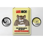 Blechschild 20x30cm gelb mit wütendem hamster cartoon und rotem schwarzem deutschen spruch lass mich muss mich da reinsteigern