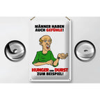 Weißes rechteckiges blechschild 20x30cm mit cartoonaltem mann grünem shirt und schwarzem roten spruch männer haben auch gefühle
