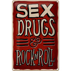 Rotes blechschild 20x30cm mit cremefarbenen vintage buchstaben sex drugs rock n roll aus emaille