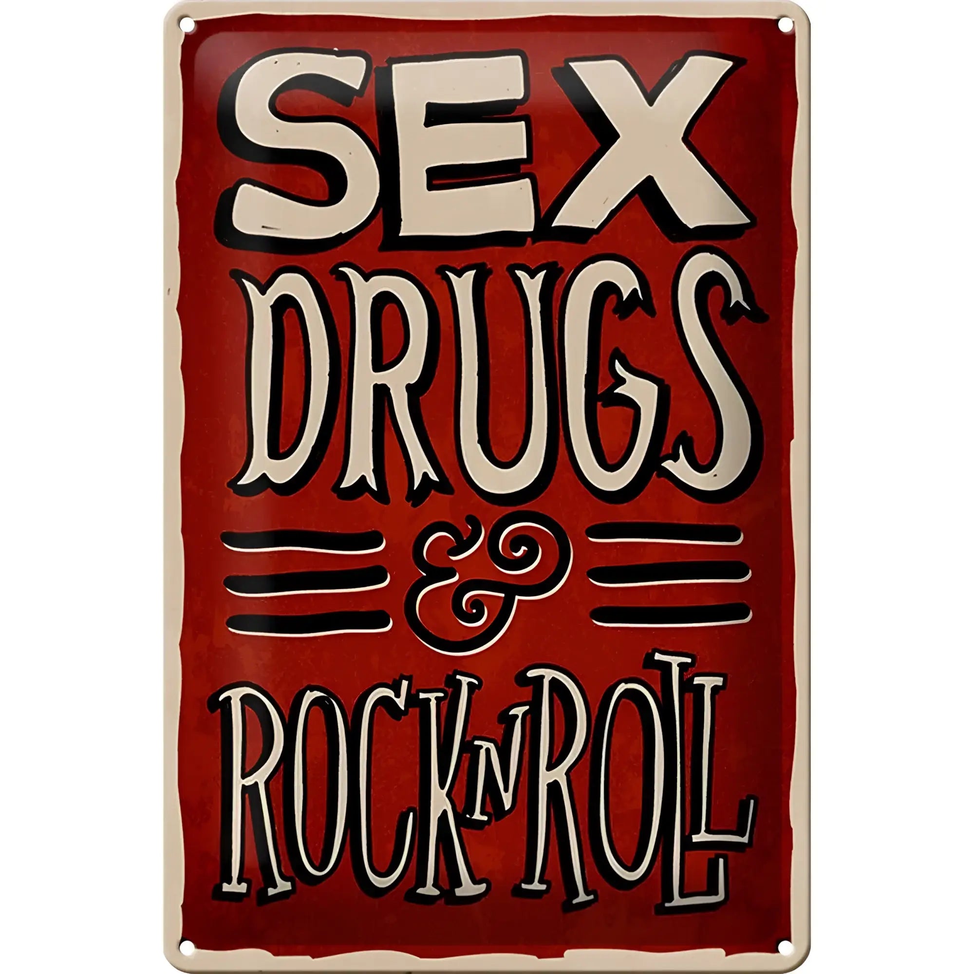 Rotes blechschild 20x30cm mit cremefarbenen vintage buchstaben sex drugs rock n roll aus emaille