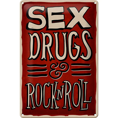 Rotes blechschild 20x30cm mit cremefarbenen vintage buchstaben sex drugs rock n roll aus emaille