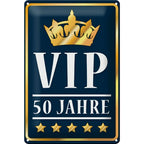 Blechschild spruch 20x30cm navyblau metall mit goldrand goldkrone vip 50 jahre jubiläum feier mit sternen