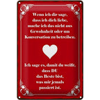 Rotes blechschild 20x30cm mit weißem dekorrahmen und herz motiv mit spruch wenn ich dir sage ich dich liebe