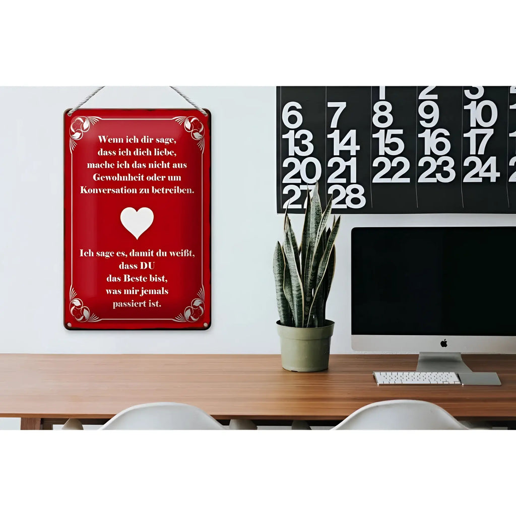 Rotes rechteckiges blechschild 20x30cm mit weißem dekorativem rahmen und herz, deutscher spruch in klassischer schrift