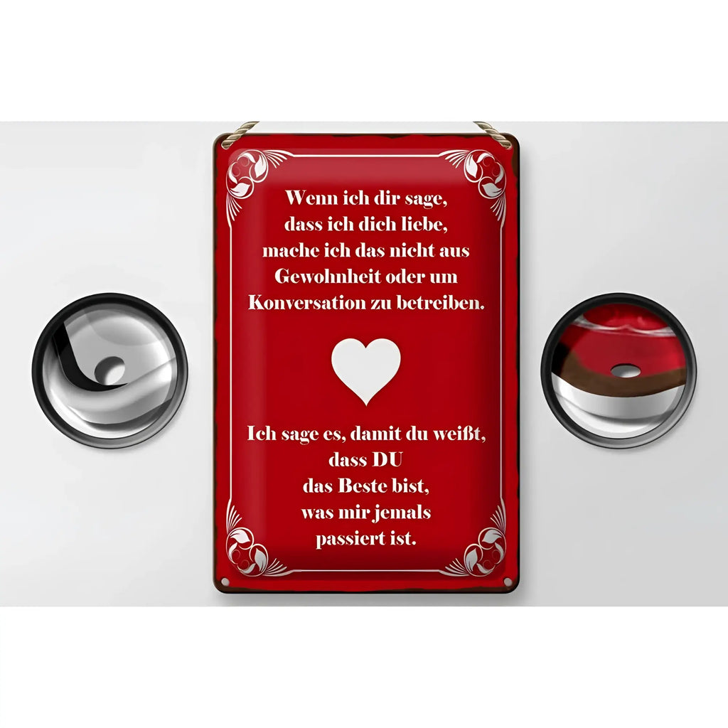 Rotes blechschild 20x30cm mit weißen dekorativen rahmen und herz mit schwarzer deutscher beschriftung liebe spruch