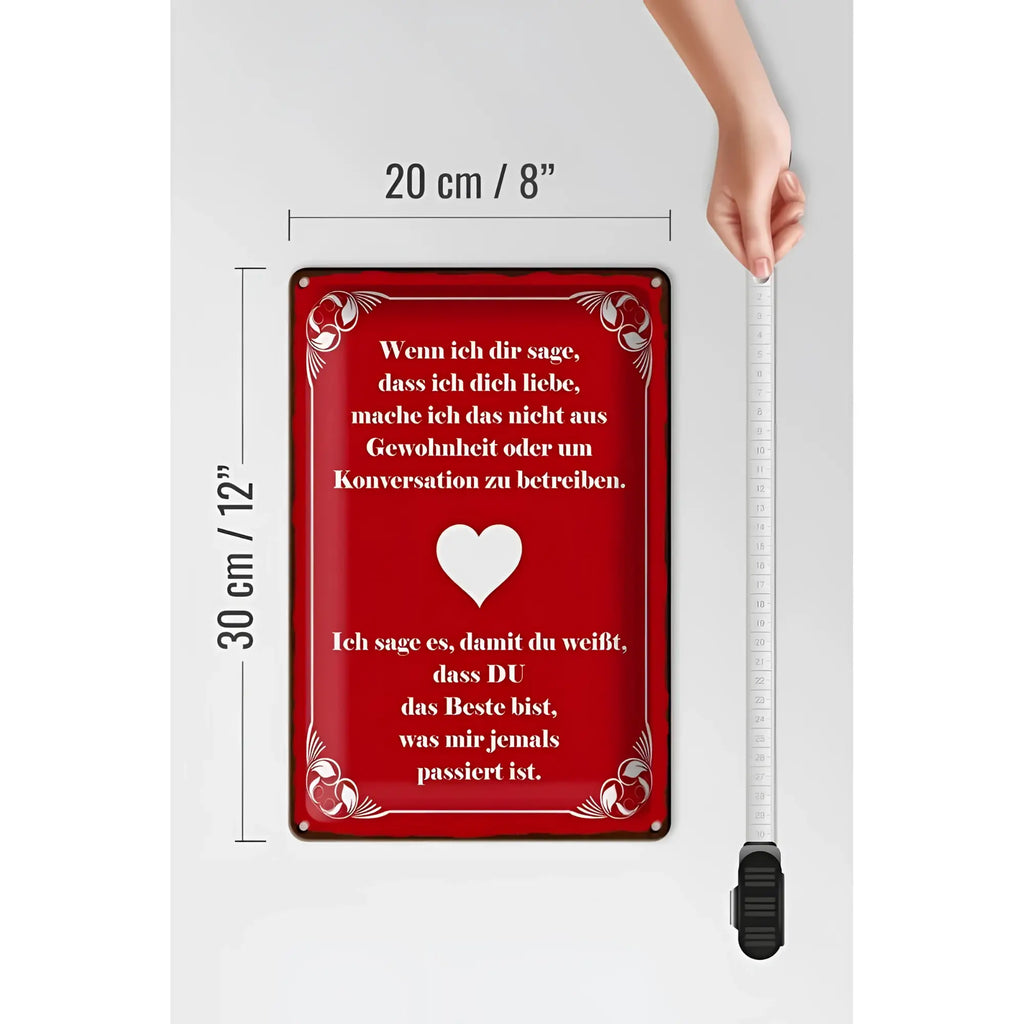 Rotes blechschild 20x30cm mit weißem dekorrahmen und herz mit schwarzem spruch wenn ich dir sage ich dich liebe