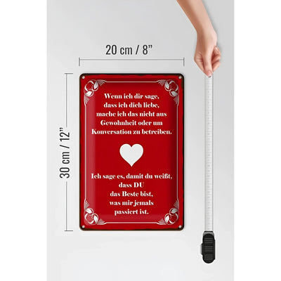Rotes blechschild 20x30cm mit weißem dekorrahmen und herz mit schwarzem spruch wenn ich dir sage ich dich liebe
