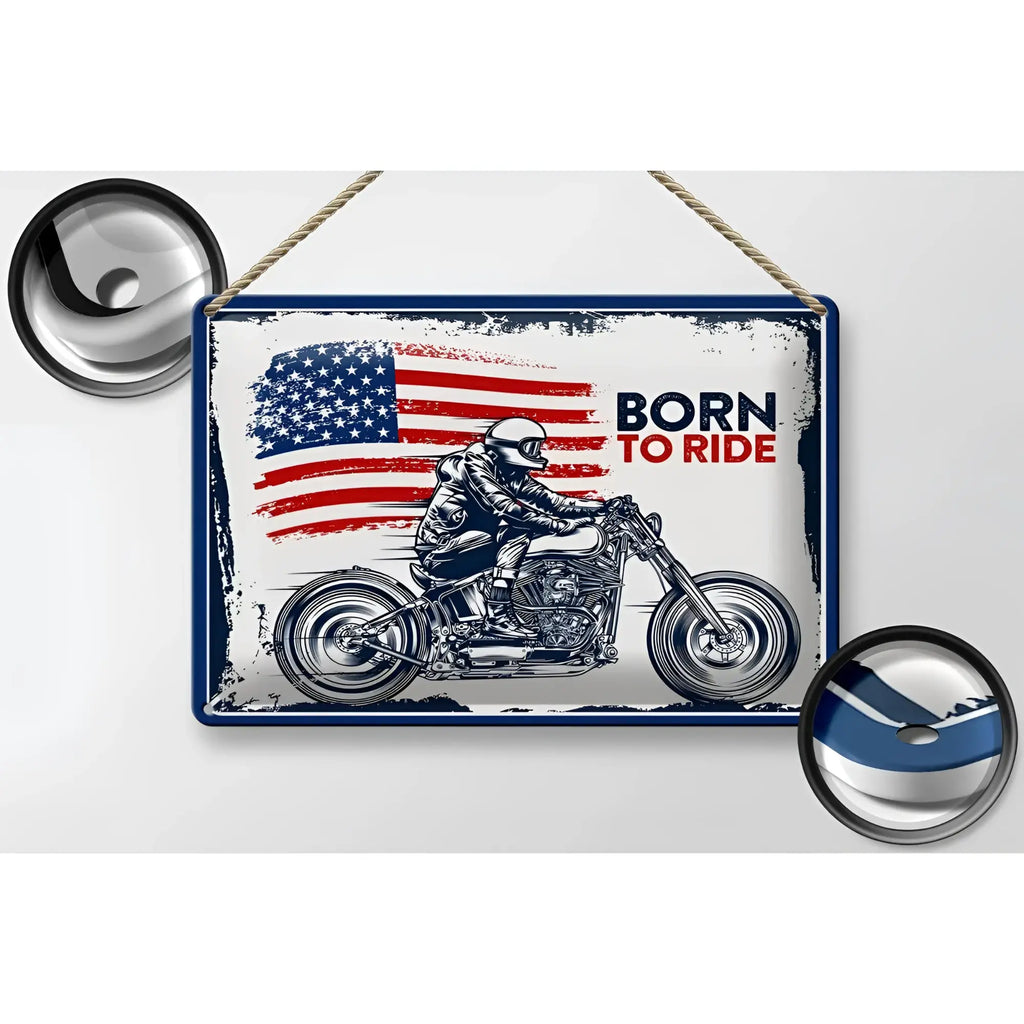 Rechteckiges blechschild 30x20 mit distressed amerikanischer flagge born to ride text und motorradfahrer illustration