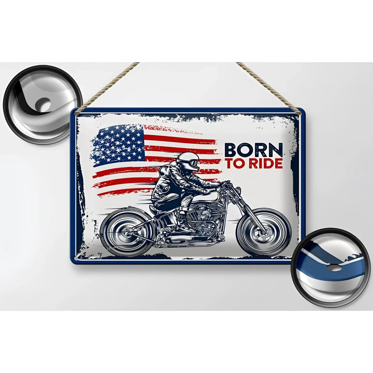 Rechteckiges blechschild 30x20 mit distressed amerikanischer flagge born to ride text und motorradfahrer illustration