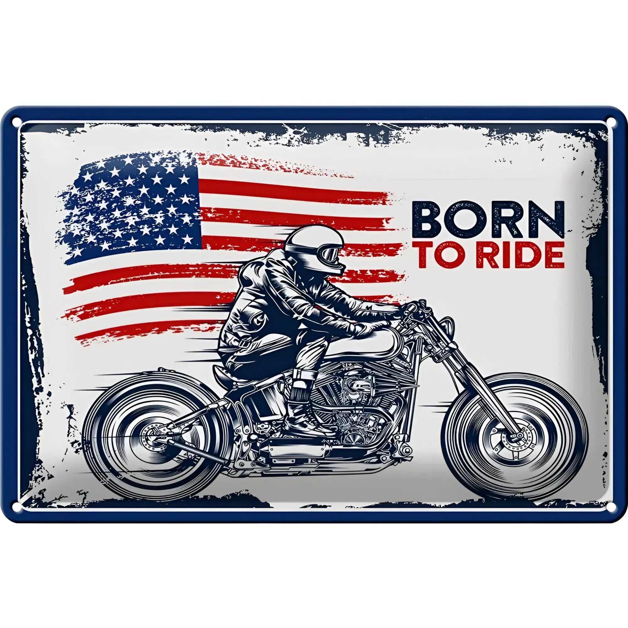 Rustikales metallschild 30x20 mit biker chopper illustration vor amerikanischer flagge und born to ride schrift