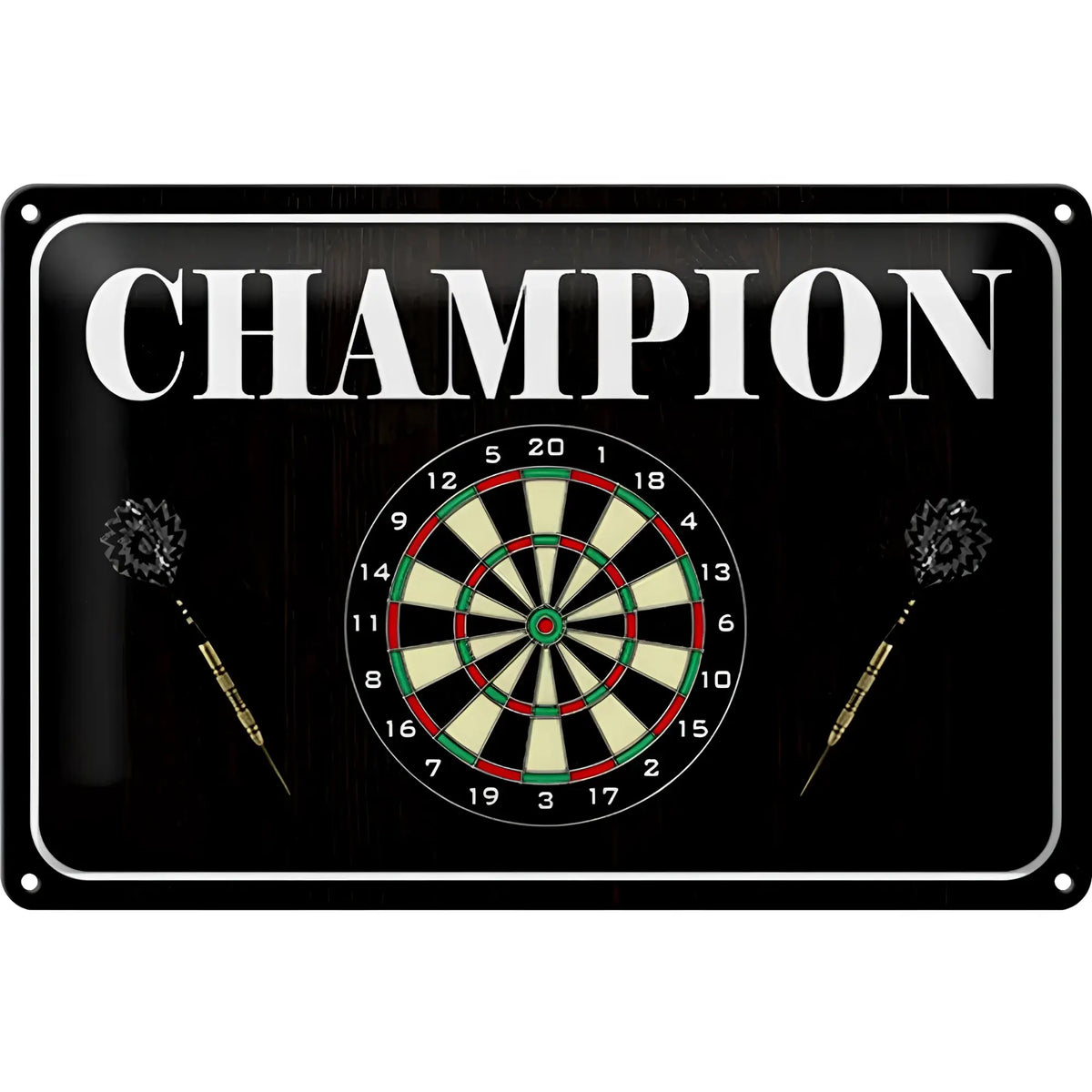 Schwarzes blechschild 30x20cm aus metall mit weißem champion logo und dartboard design mit zwei darts