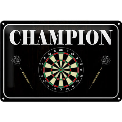 Schwarzes blechschild 30x20cm aus metall mit weißem champion logo und dartboard design mit zwei darts
