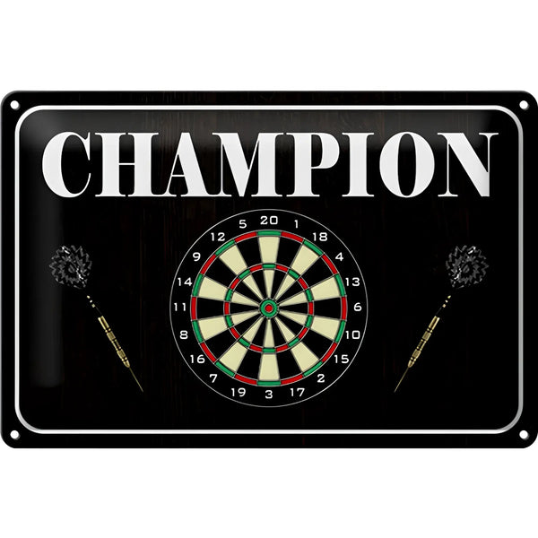 Schwarzes blechschild 30x20cm aus metall mit weißem champion logo und dartboard design mit zwei darts