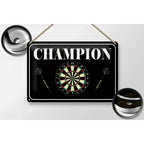 Schwarzes blechschild 30x20cm mit darts champion schriftzug und dartboard design aus metall