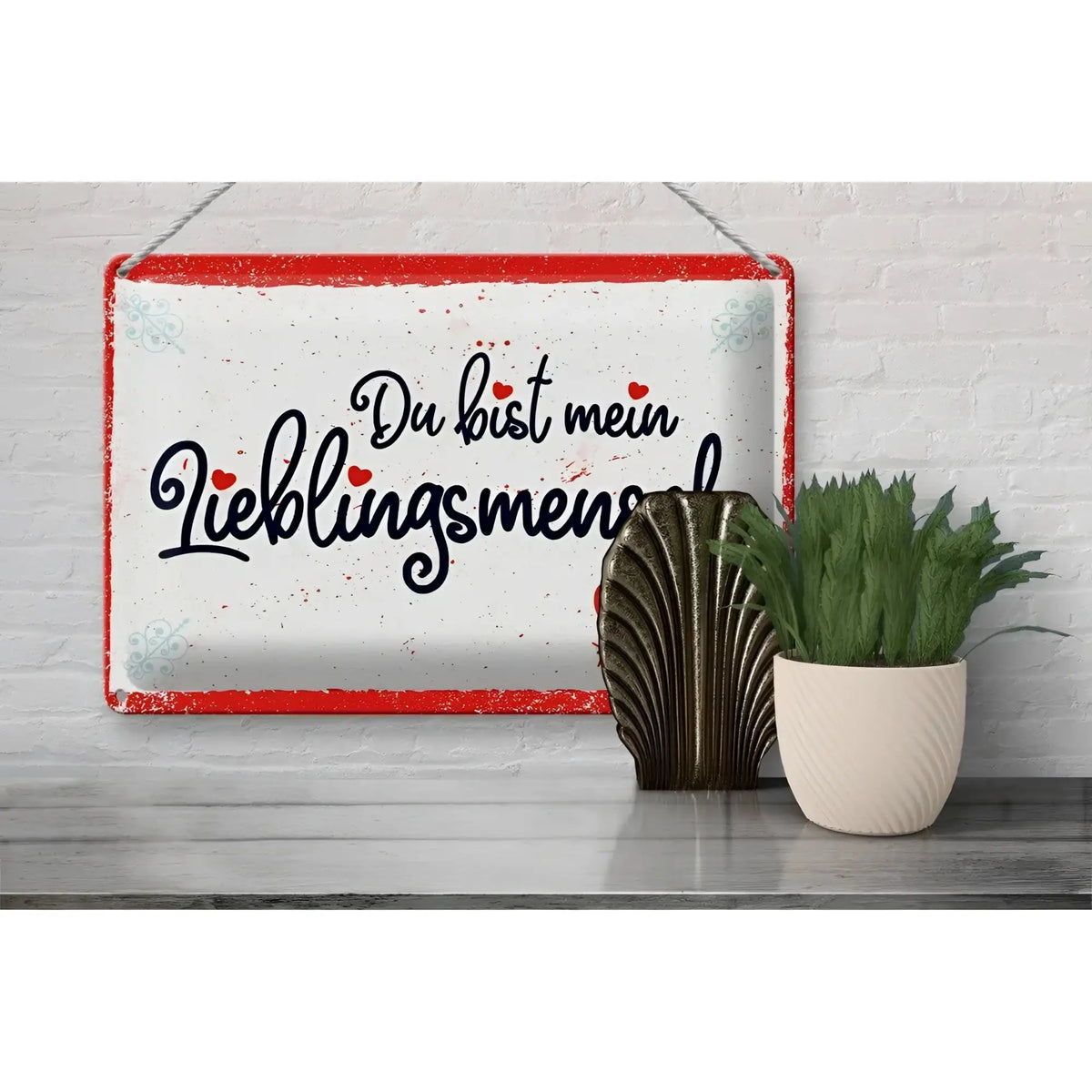Weißes rechteckiges blechschild 30x20cm mit rotem rahmen und schwarzem text du bist mein lieblingsmensch
