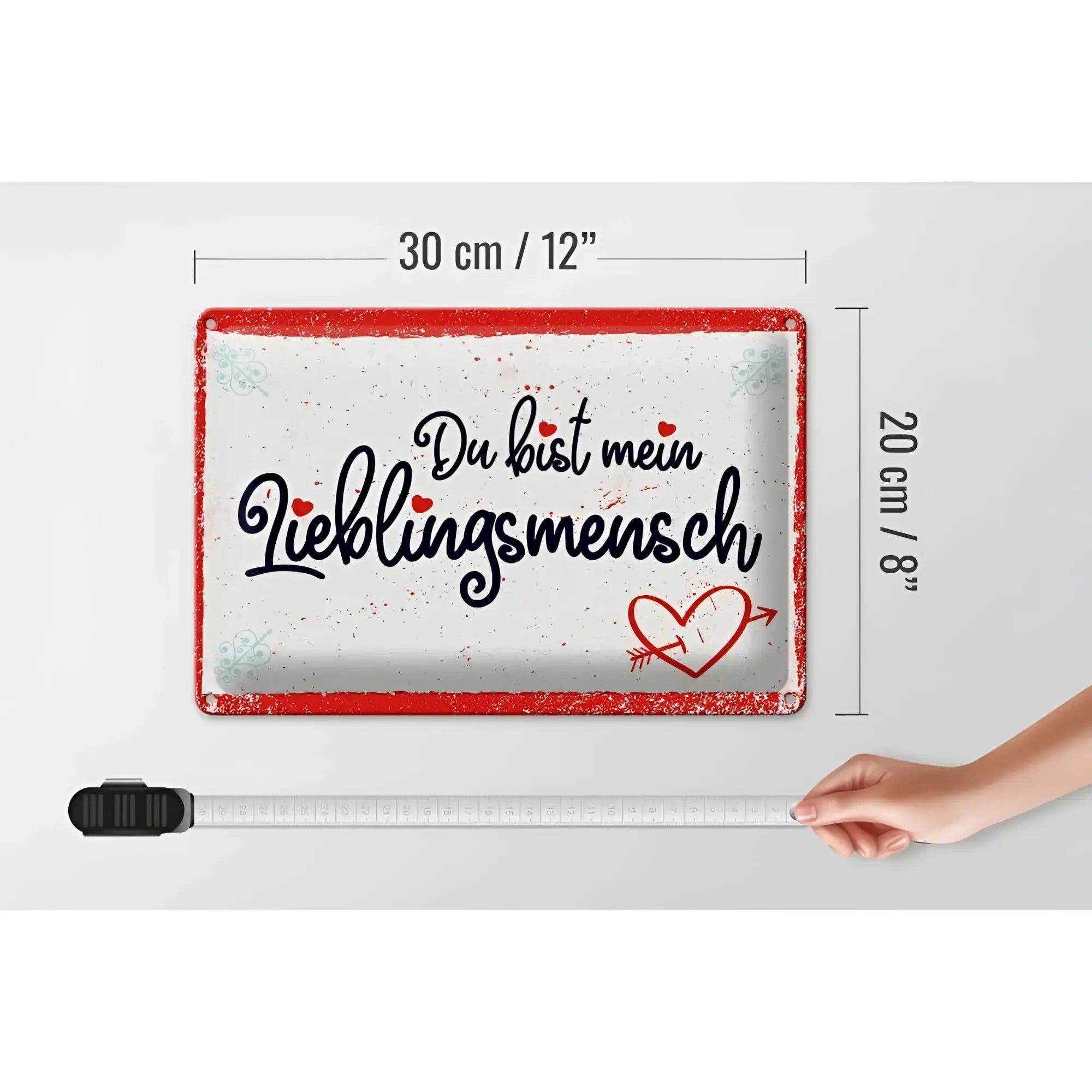 Ein rechteckiges blechschild 30x20cm aus weißem metall mit rotem rahmen und schwarzem schriftzug du bist mein lieblingsmensch samt rotem herz