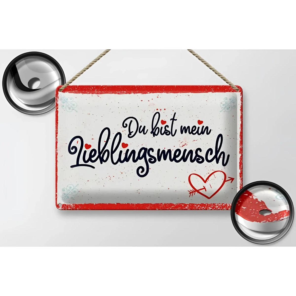 Blechschild 30x20cm aus weißem metall mit rotem rahmen und dem spruch du bist mein lieblingsmensch in schwarzer schrift