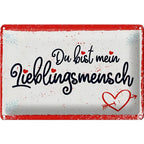Weißer blechschild 30x20cm mit rotem rahmen und schwarzem text du bist mein lieblingsmensch mit herzen