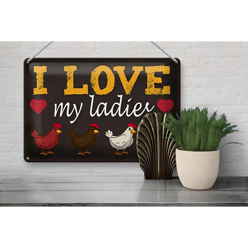 Schwarzes blechschild 30x20cm mit gelbem und weißem text ich liebe meine damen und drei hühnerillustrationen
