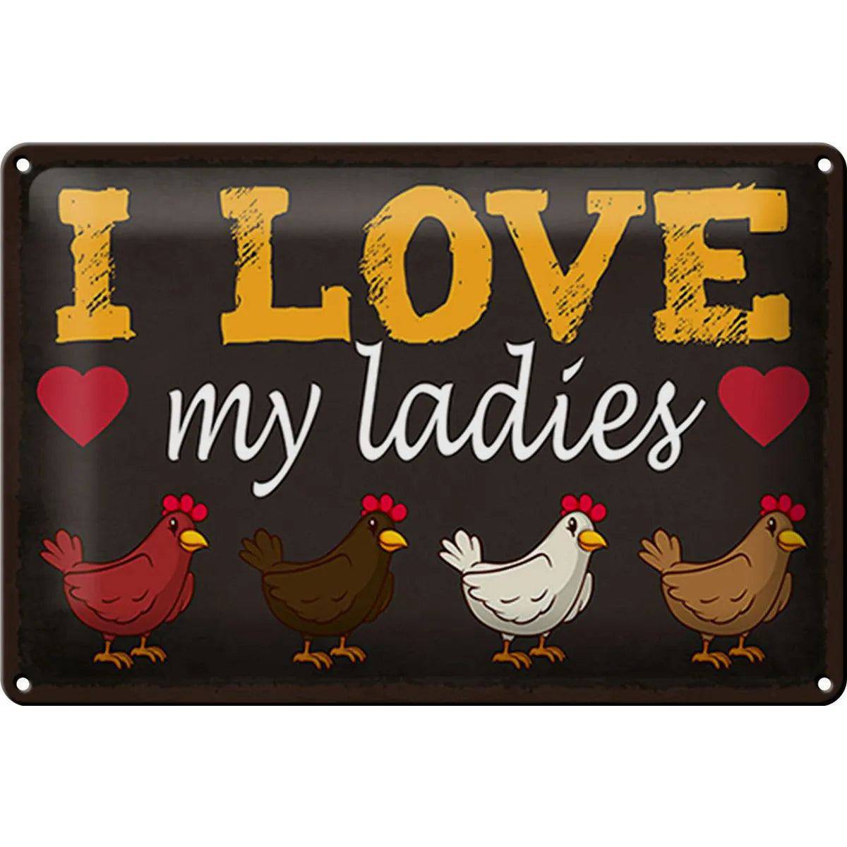 Blechschild Spruch 30x20cm Hühner i love my ladies