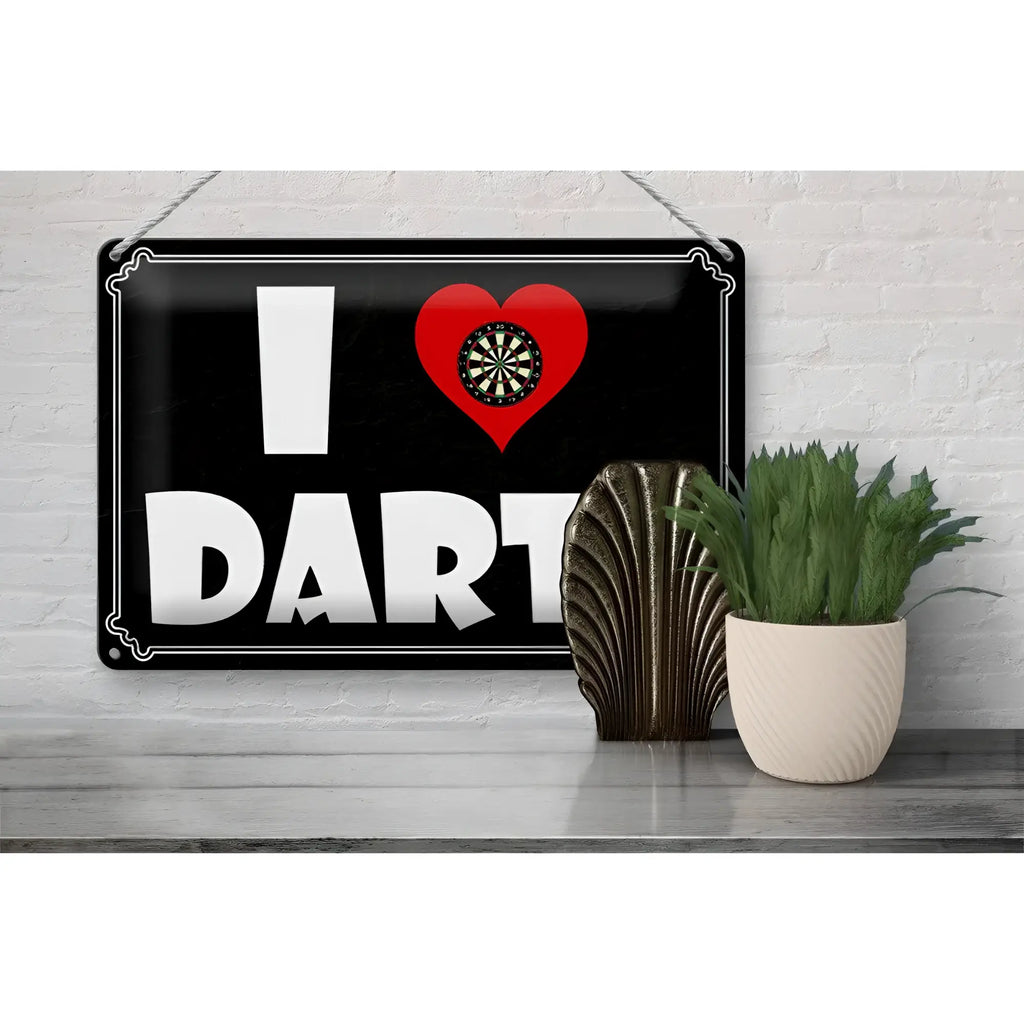 Blechschild spruch 30x20cm schwarzes metallschild mit weißer schrift und rotem herz mit dartboard design für wanddeko