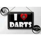 Blechschild 30x20cm aus metall in schwarz mit weißem lettering und rotem herz mit dartboard als wanddeko