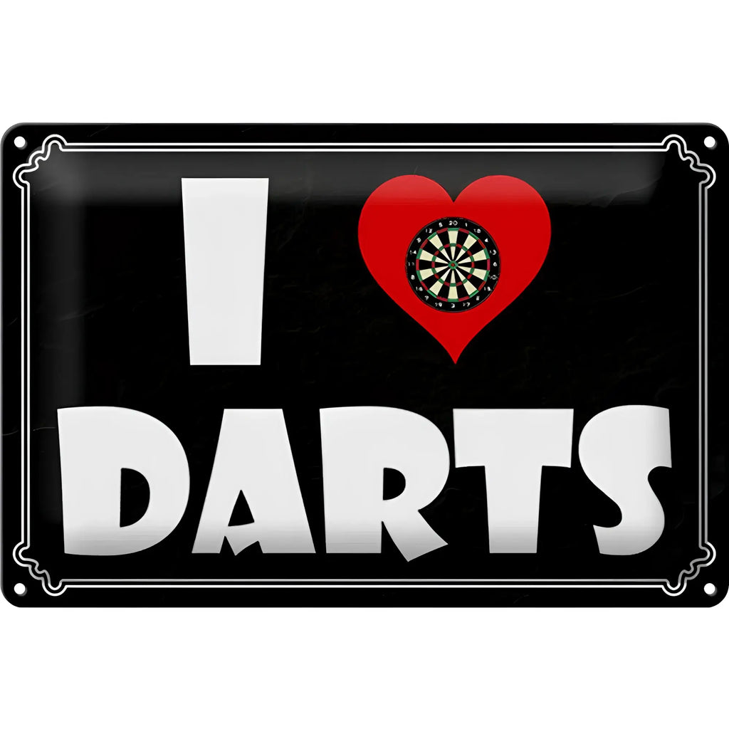 Schwarzes blechschild 30x20cm mit weißer schrift und rotem herz mit dartboard design wanddeko i love darts