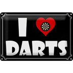 Schwarzes blechschild 30x20cm mit weißer schrift und rotem herz mit dartboard design wanddeko i love darts