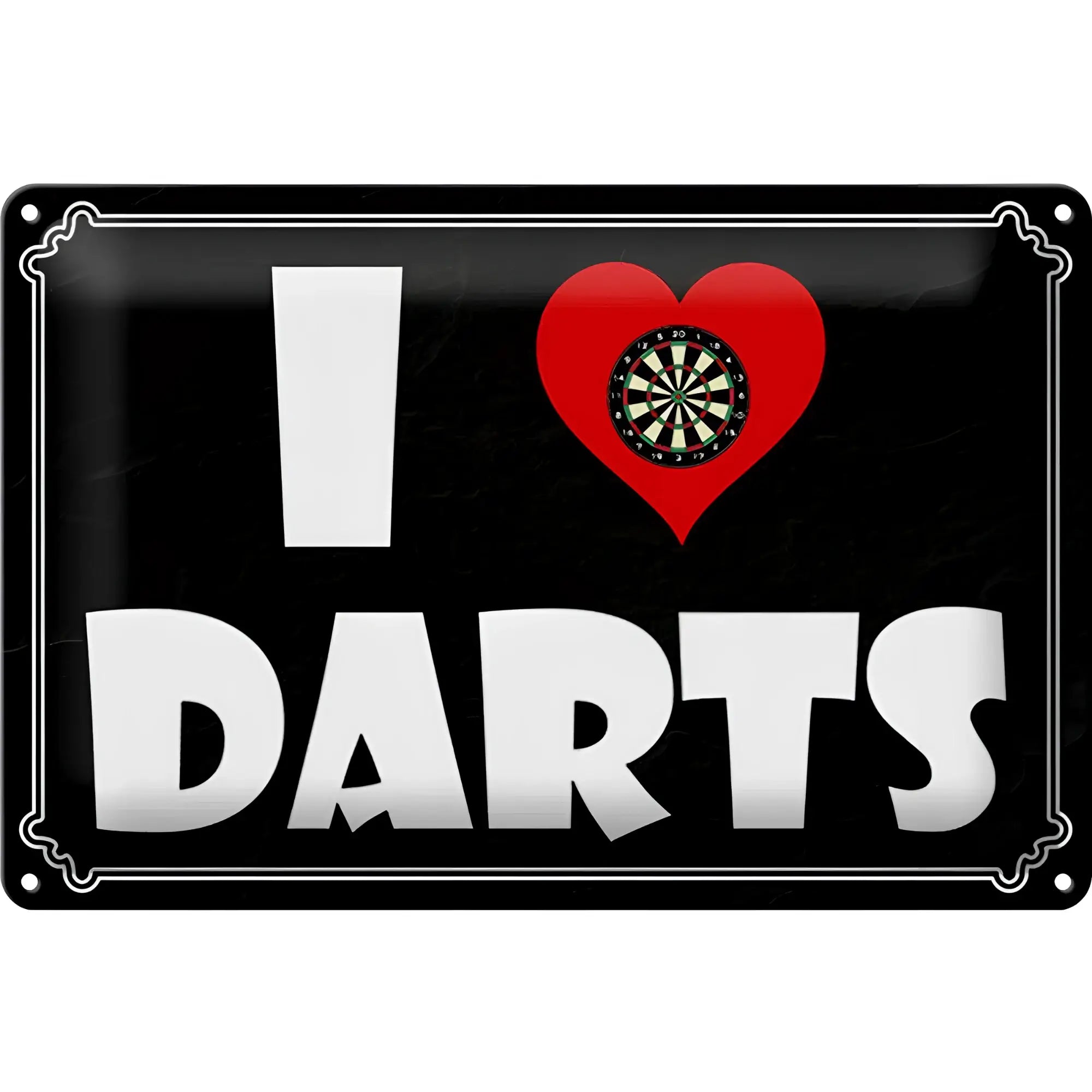 Schwarzes blechschild 30x20cm mit weißer schrift und rotem herz mit dartboard design wanddeko i love darts