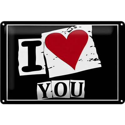 Blechschild spruch 30x20cm i love you herz schwarzes metall mit glänzendem finish und weißem papierdesign ich liebe dich text