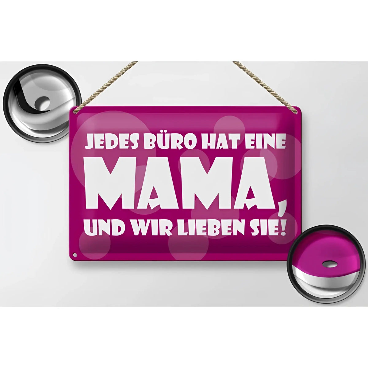 Magenta blechschild 30x20cm mit weißem spruch jedes büro hat eine mama und wir lieben sie hängend am seil