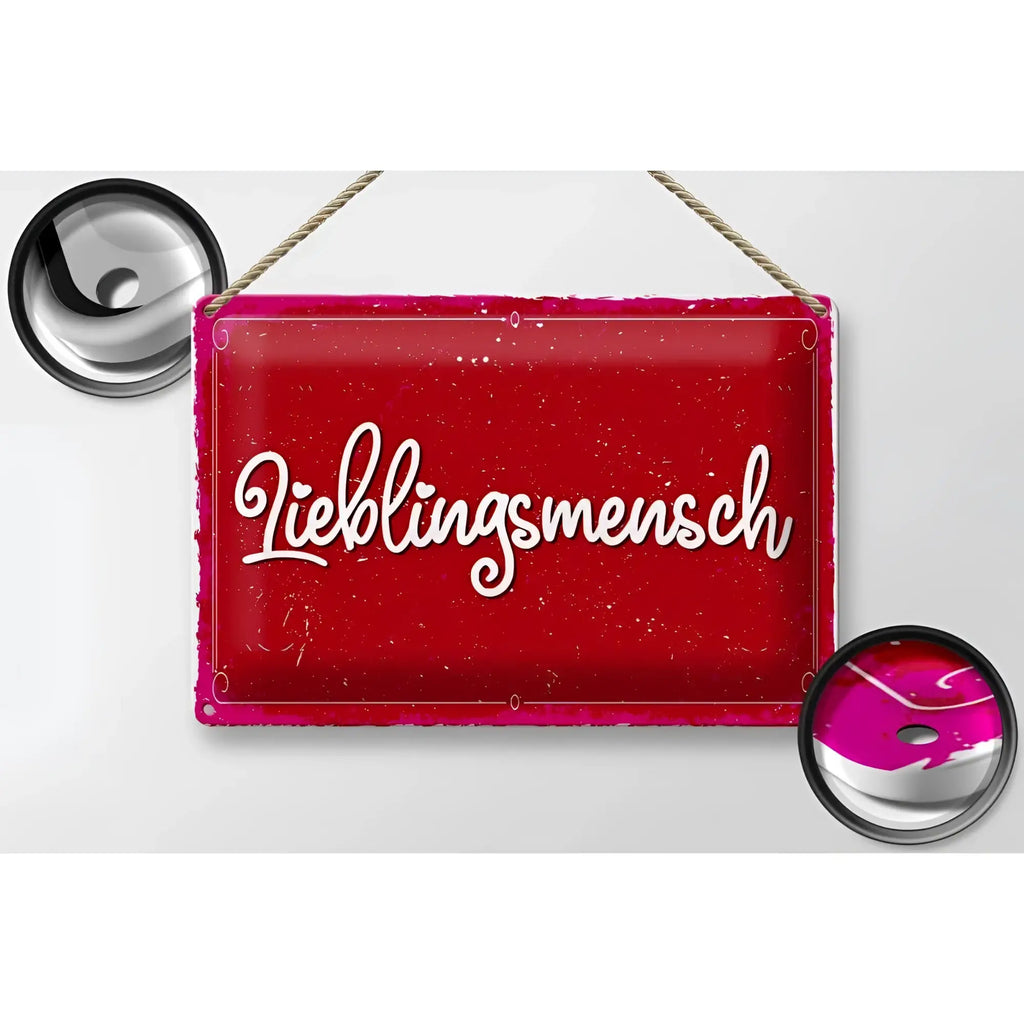 Vibranter roter rechteckiger blechschild mit weißer kalligraphie lieblingsmensch und rustikalen kanten 30x20cm