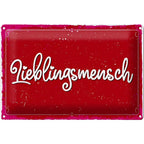 Leuchtendes rotes blechschild 30x20cm mit weißem lieblingsmensch schriftzug und dekorativem schnörkelrahmen