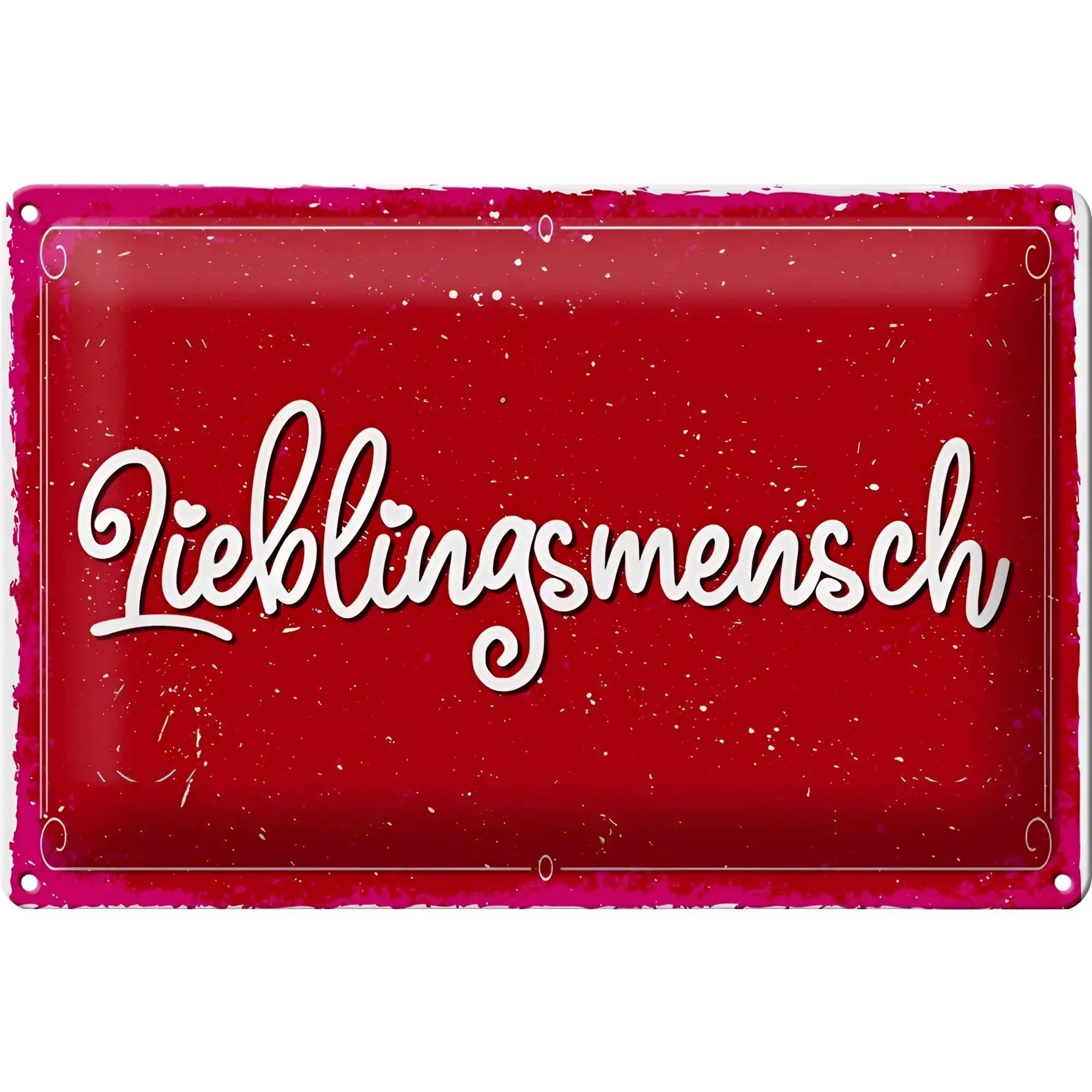 Leuchtendes rotes blechschild 30x20cm mit weißem lieblingsmensch schriftzug und dekorativem schnörkelrahmen