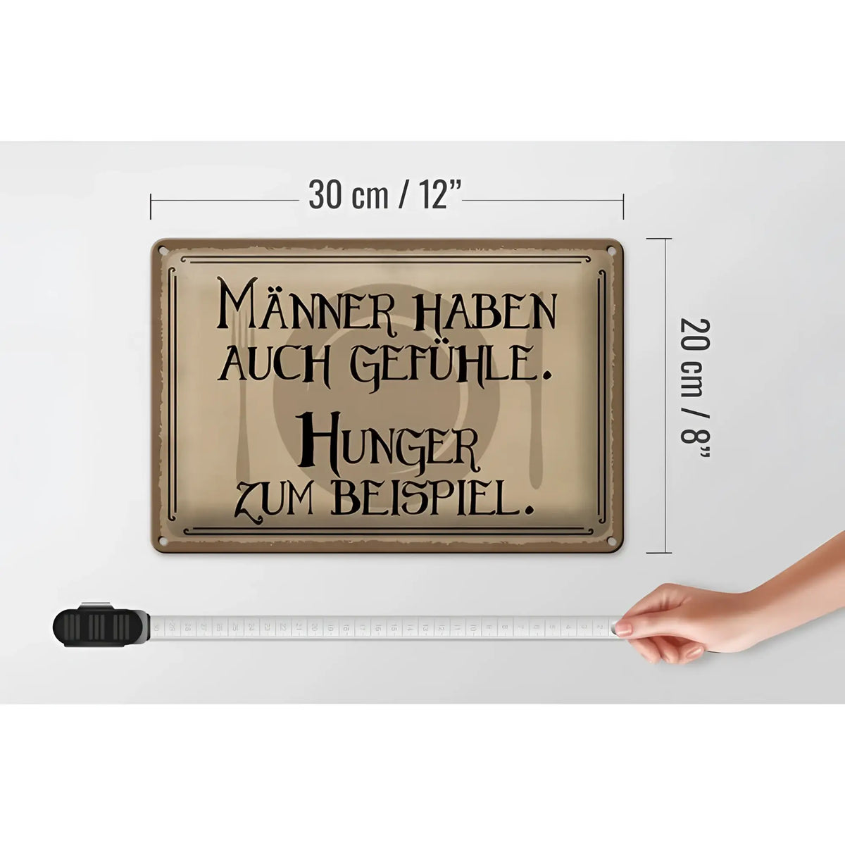 Vintage blechschild 30x20cm mit beiger patina und schwarzem text männer haben auch gefühle hunger