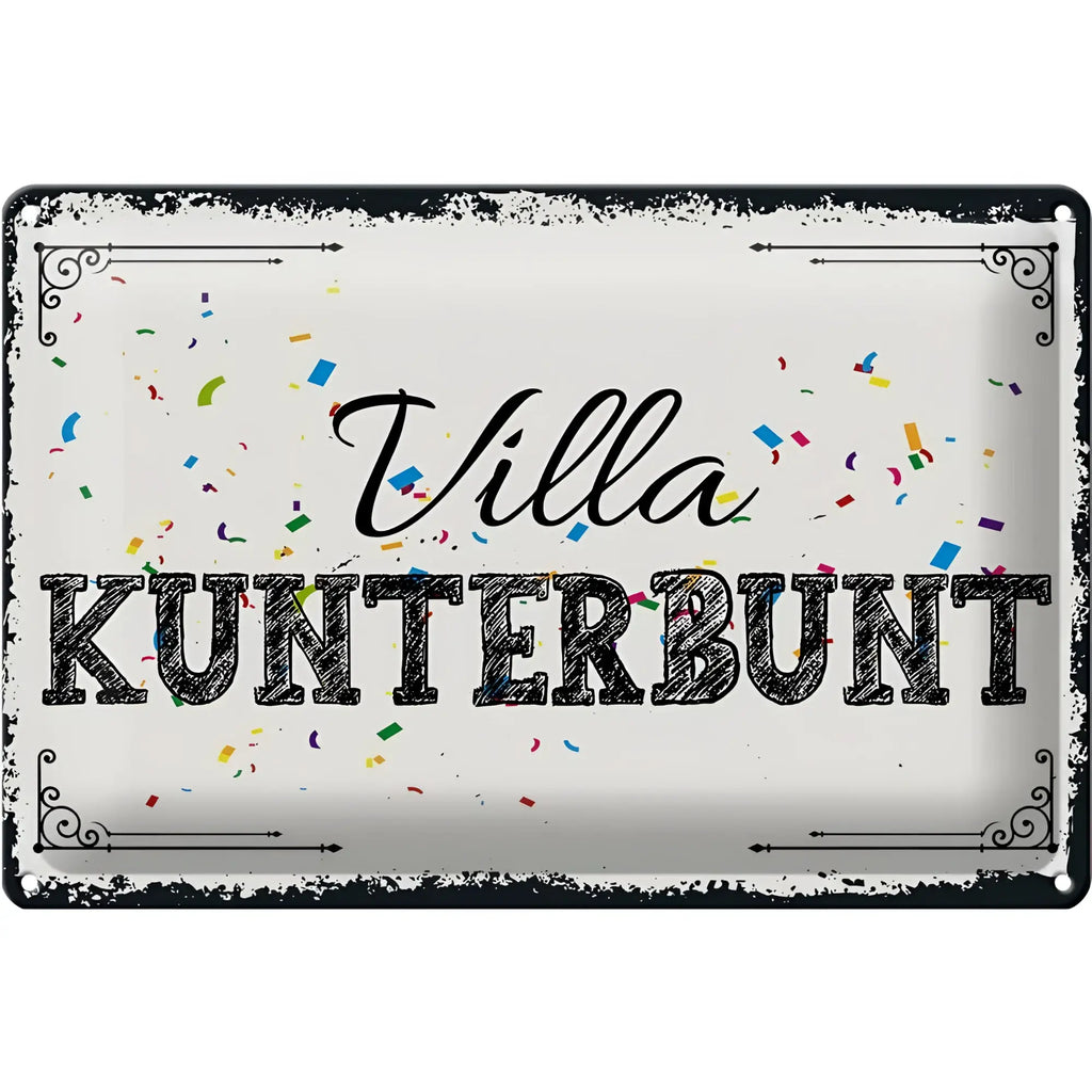 Weißes rechteckiges blechschild 30x20cm mit schwarzem rand und villa kunterbunt text in dekorativer schrift